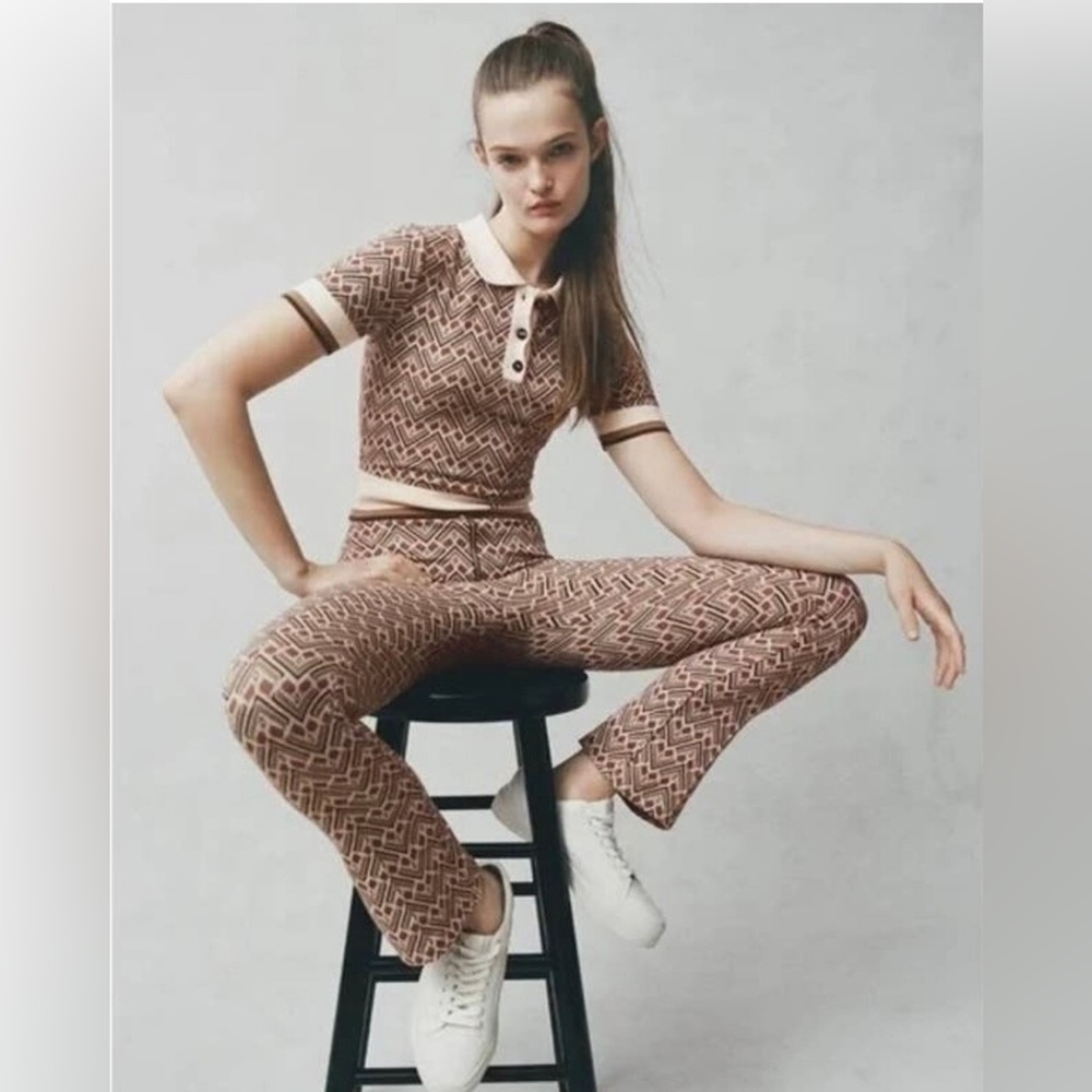 Zara X Spalding Jacquard printed flare pants high rise